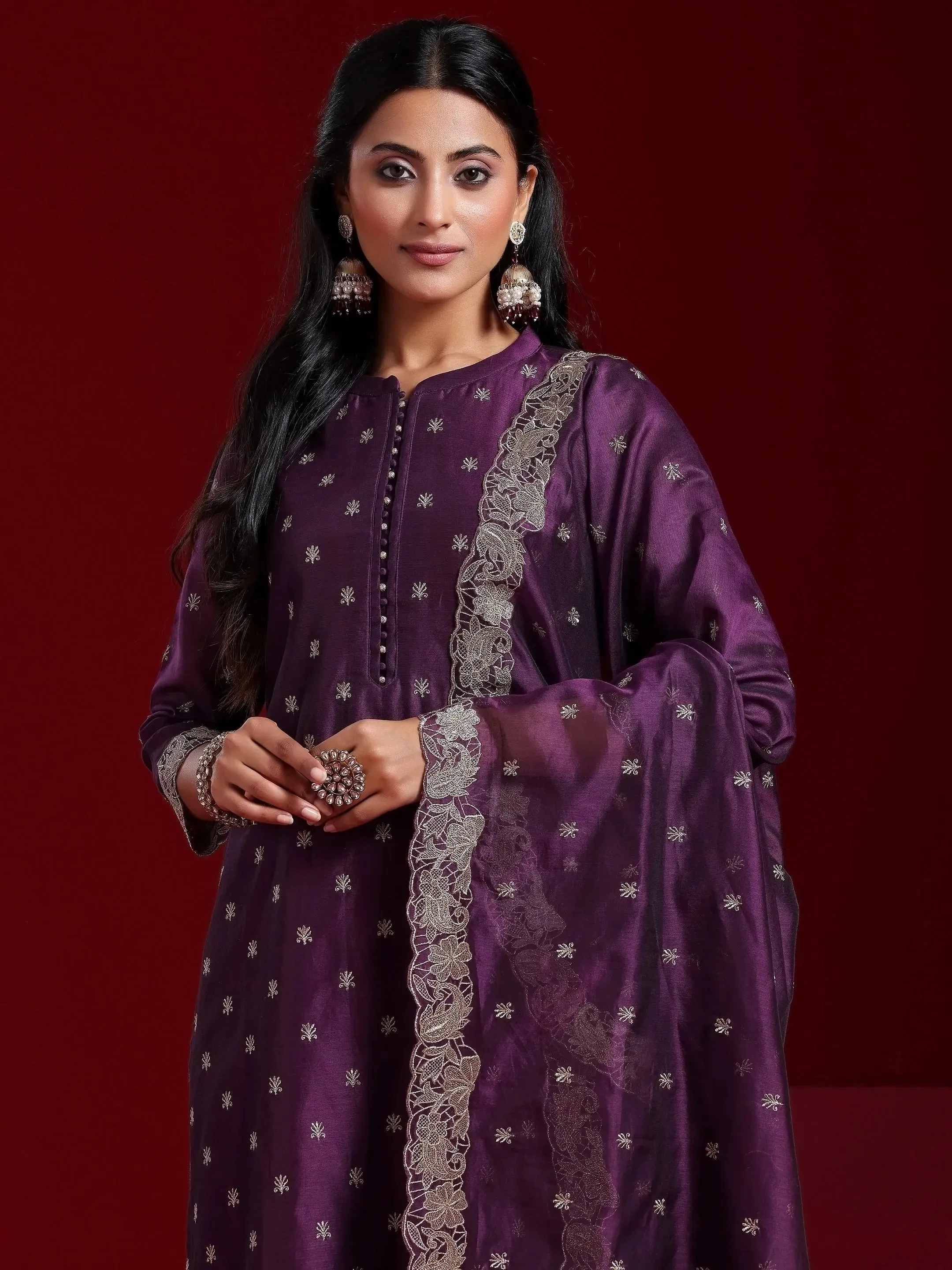 Jashvi Art Wine Embroidered Chanderi Silk Straight Suit With Dupatta