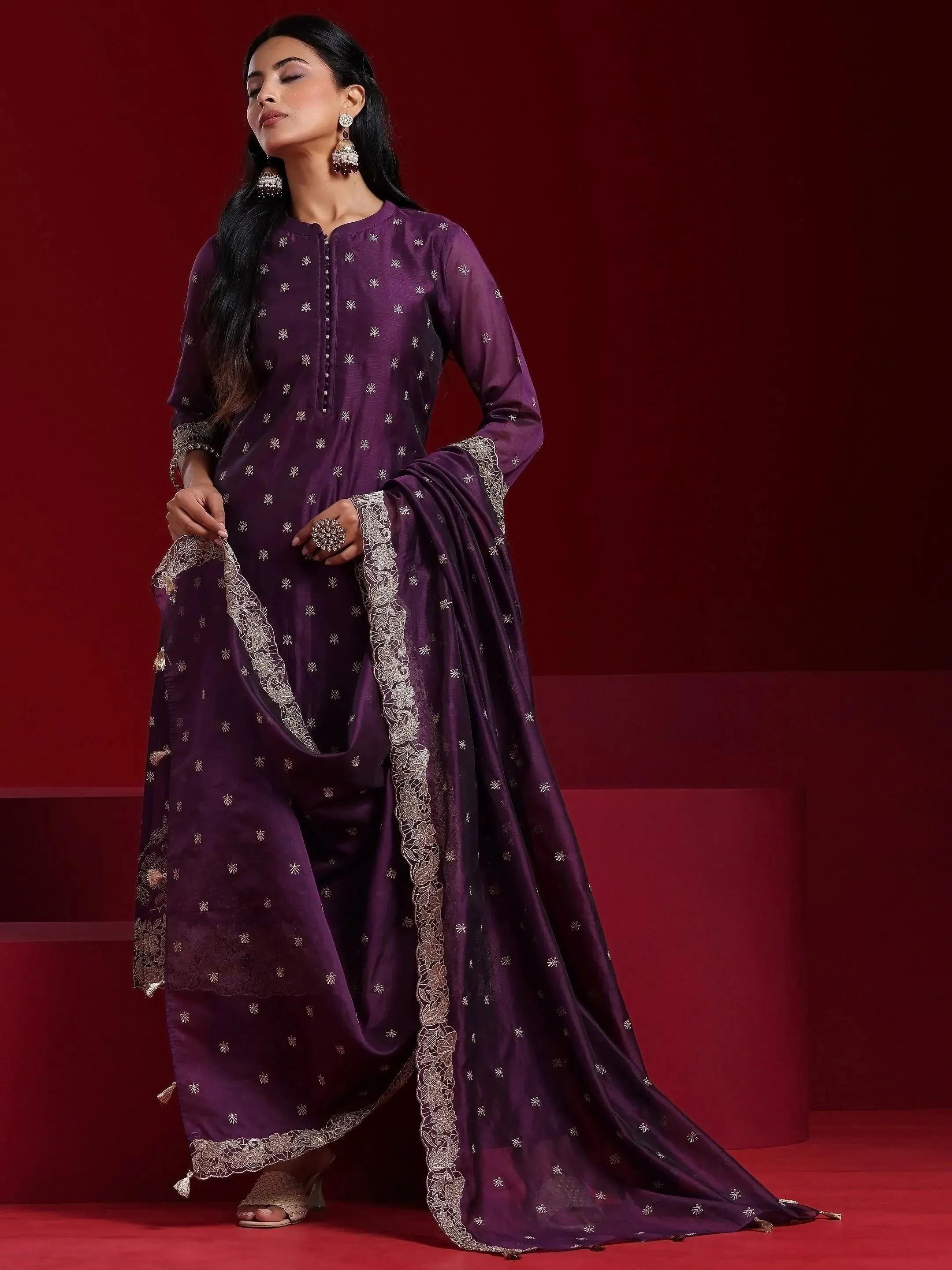 Jashvi Art Wine Embroidered Chanderi Silk Straight Suit With Dupatta