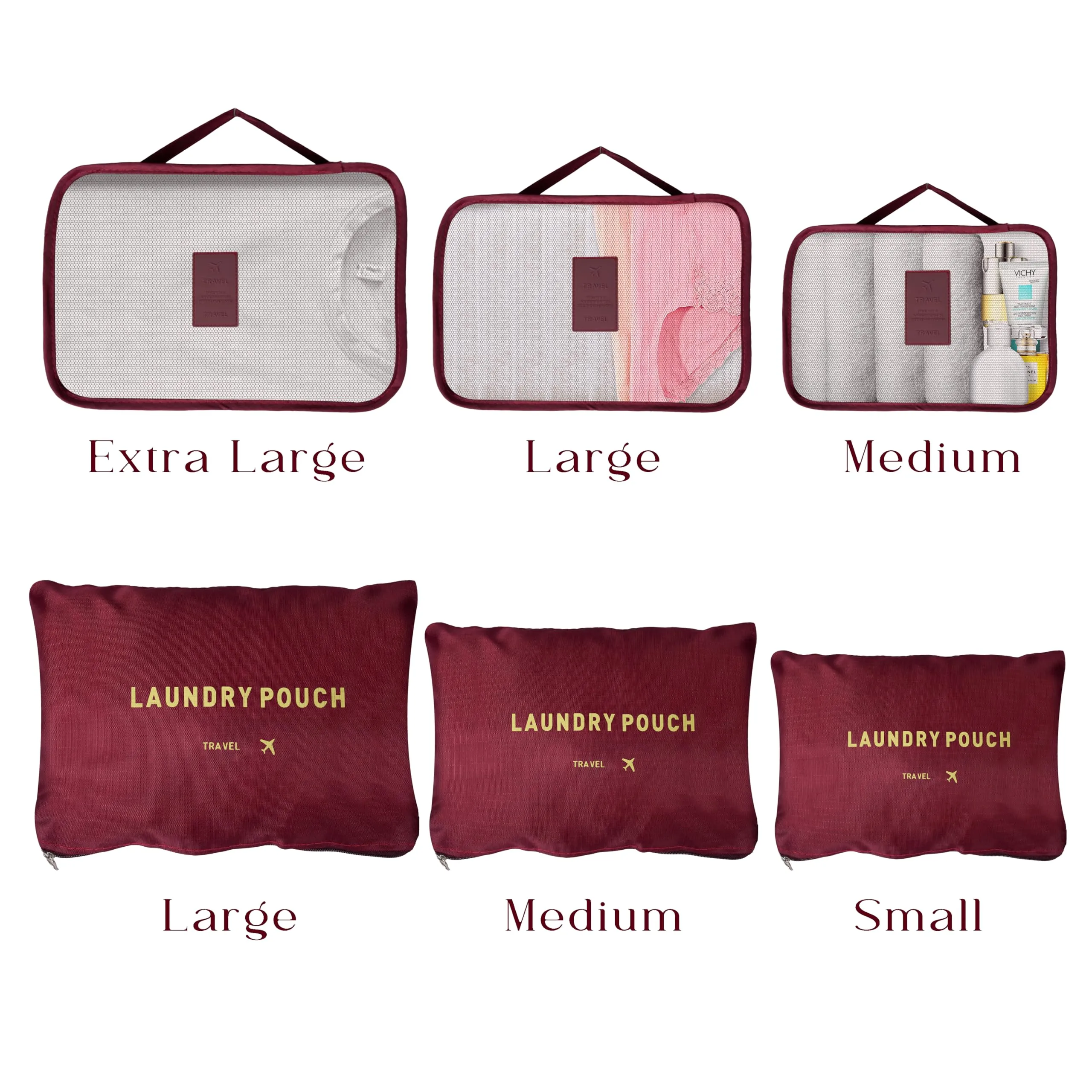 Kuber Industries 12 Pcs Travel Luggage Bag | Toiletry Bag for Jewellery-Watches-Bracelets | Multi-Purpose Storage Bag with Handle | Travel Utility Storage Pouches | LYN16-MRO | Maroon| Pack of 2