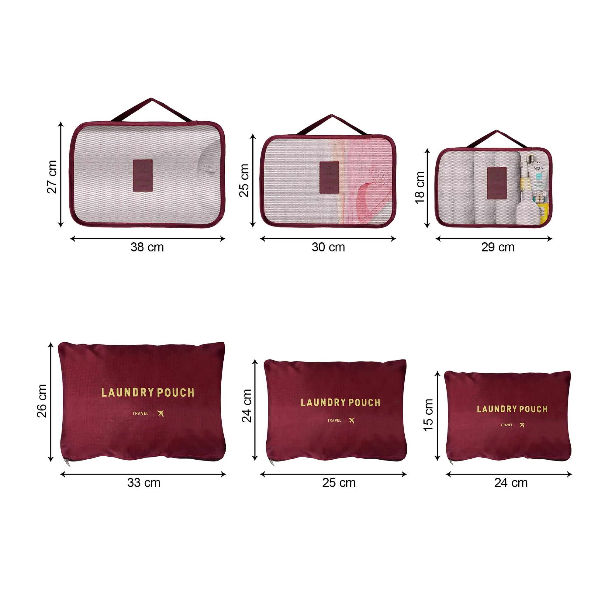 Kuber Industries 12 Pcs Travel Luggage Bag | Toiletry Bag for Jewellery-Watches-Bracelets | Multi-Purpose Storage Bag with Handle | Travel Utility Storage Pouches | LYN16-MRO | Maroon| Pack of 2