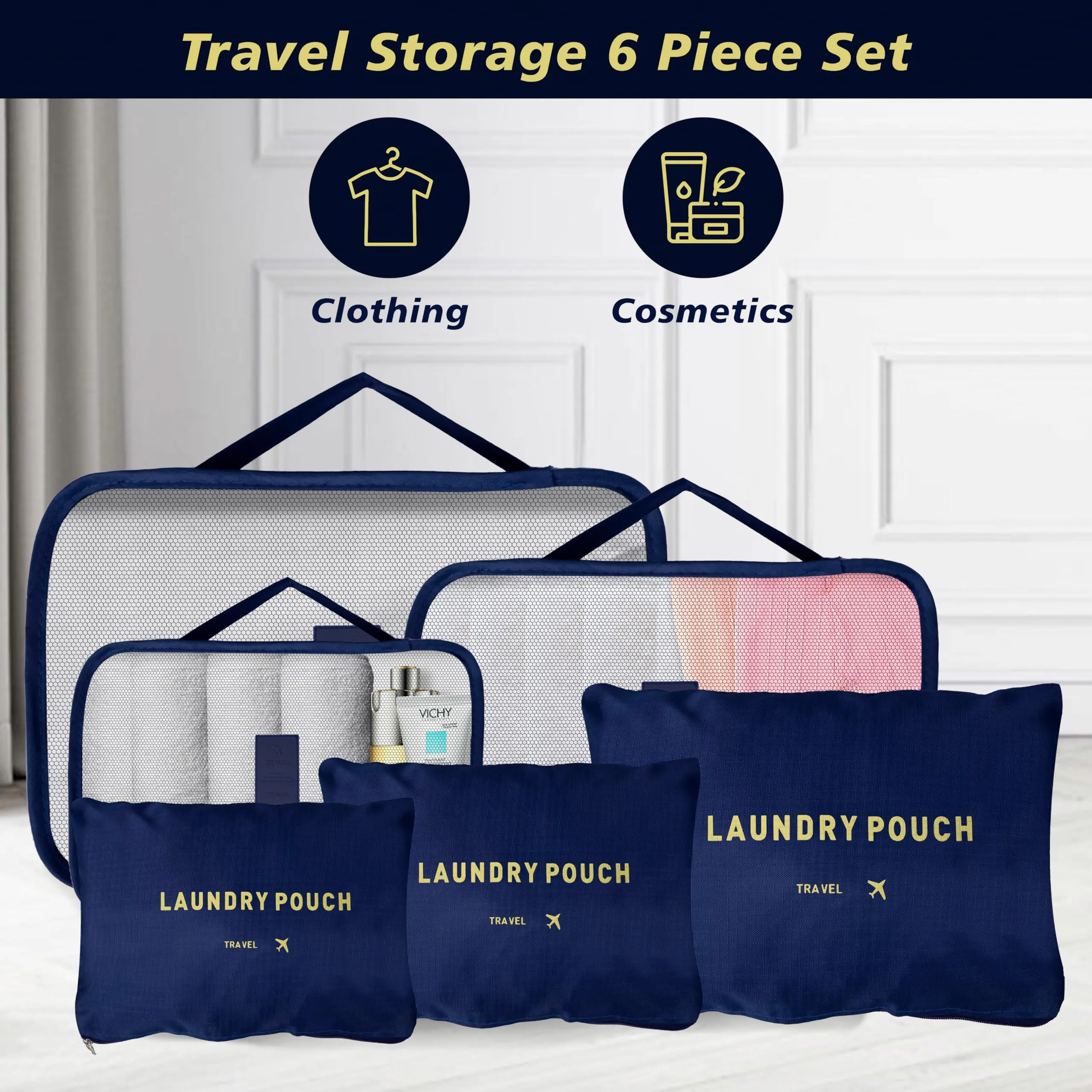 Kuber Industries 30 Pcs Travel Luggage Bag | Toiletry Bag for Jewellery-Watches-Bracelets | Multi-Purpose Storage Bag with Handle | Travel Utility Storage Pouches | LYN16-NVY | Navy Blue | Pack of 5