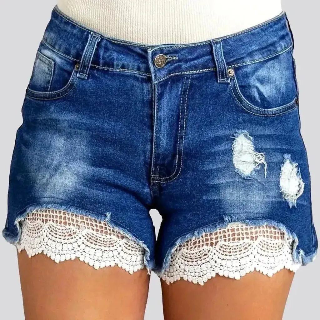 Lace-embroidery boho denim shorts for ladies