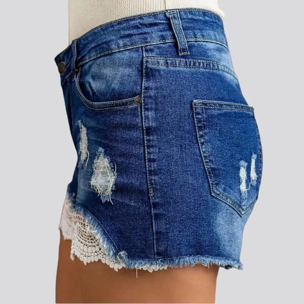 Lace-embroidery boho denim shorts for ladies