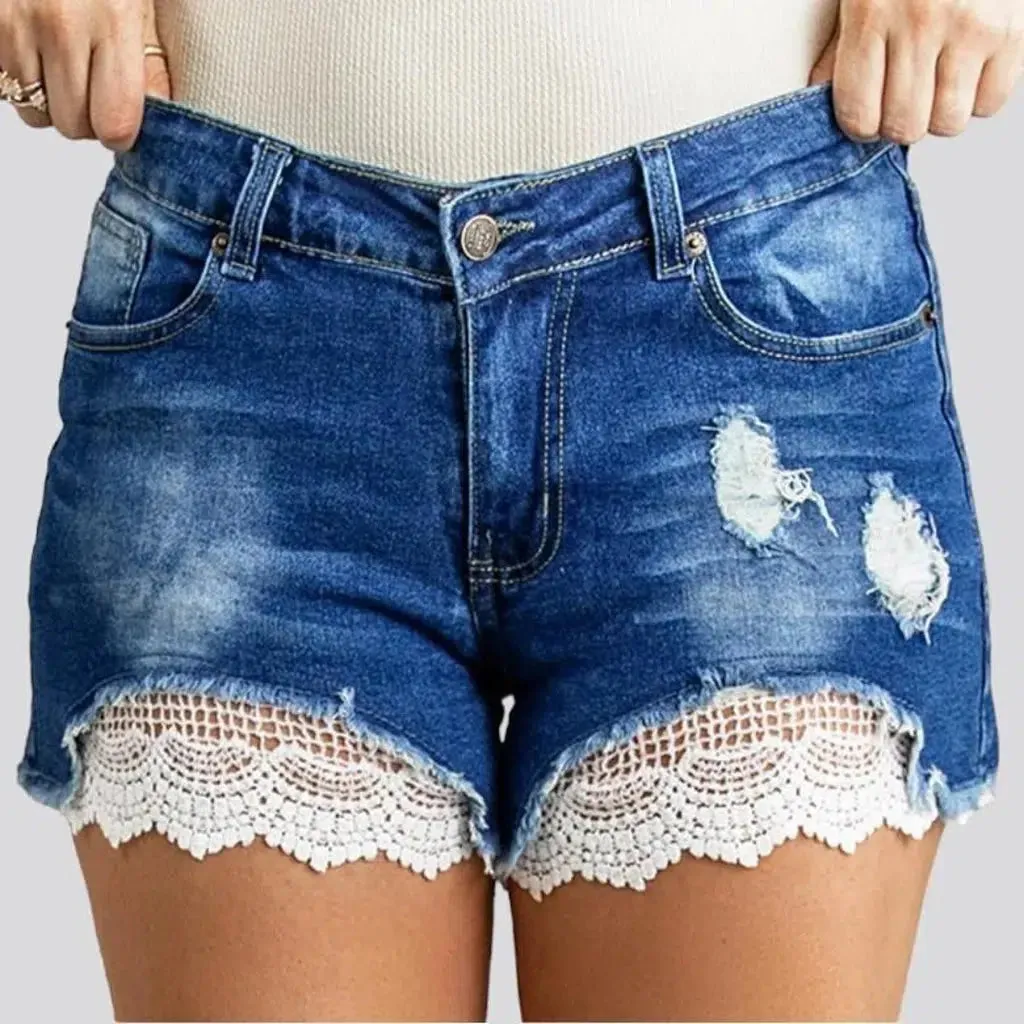 Lace-embroidery boho denim shorts for ladies