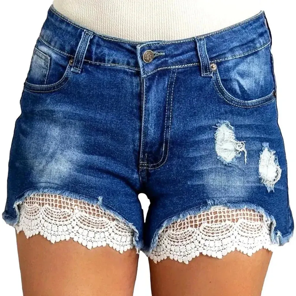 Lace-embroidery boho denim shorts for ladies