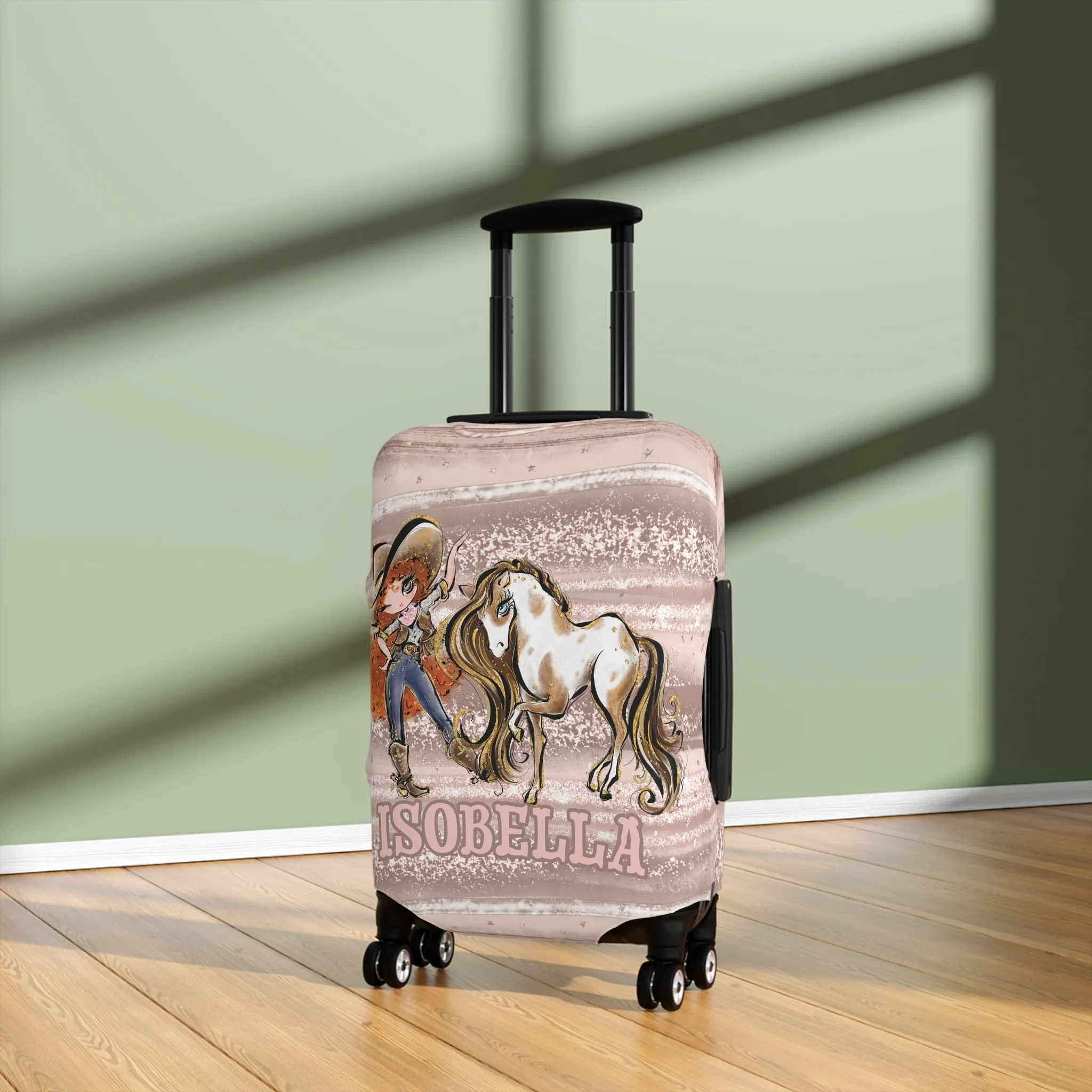 Luggage Cover, Howdy Cowgirl and Horse, Red Curly Hair Brown Eyes