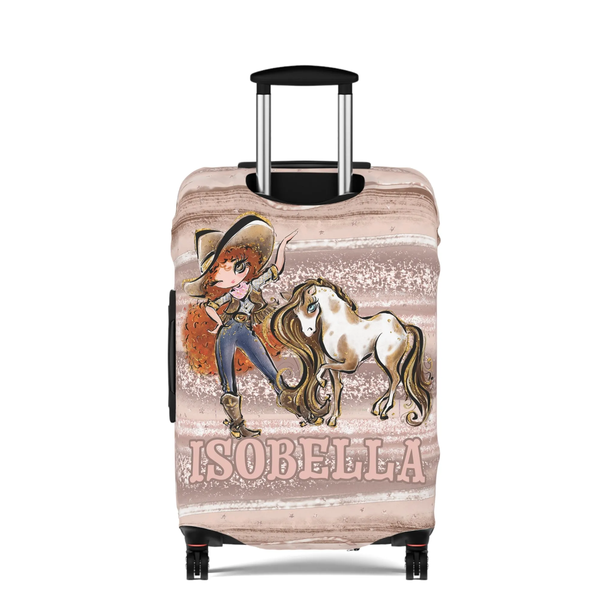 Luggage Cover, Howdy Cowgirl and Horse, Red Curly Hair Brown Eyes