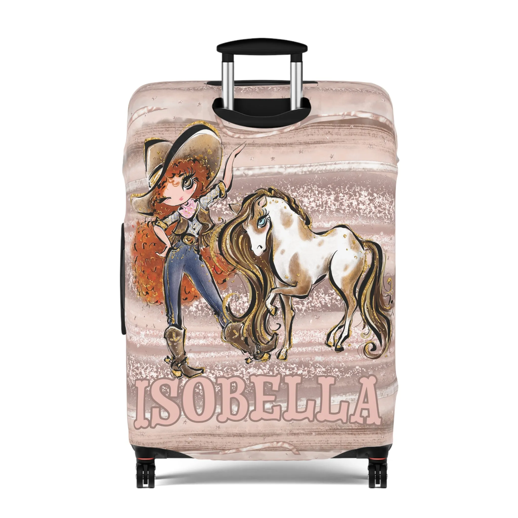 Luggage Cover, Howdy Cowgirl and Horse, Red Curly Hair Brown Eyes