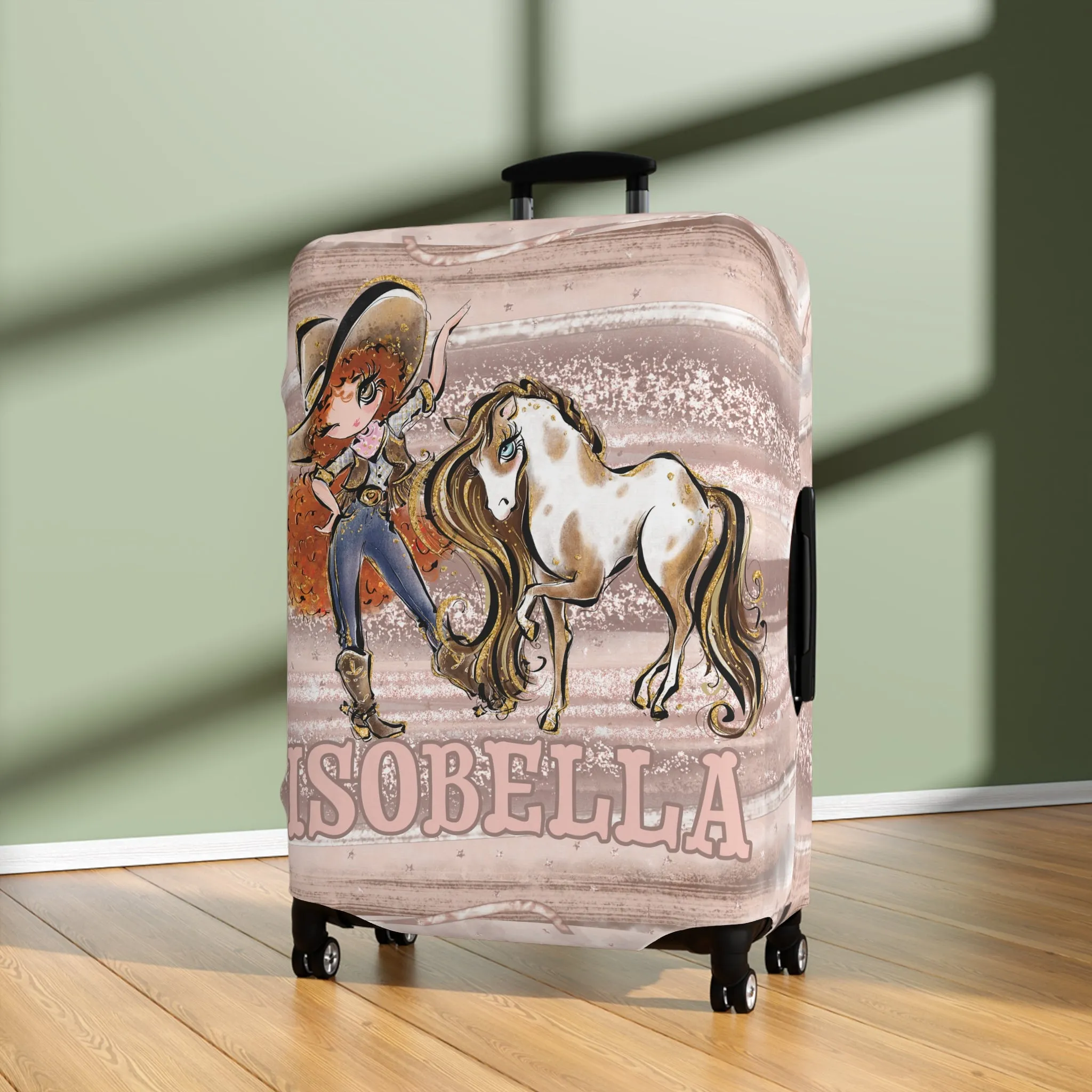 Luggage Cover, Howdy Cowgirl and Horse, Red Curly Hair Brown Eyes