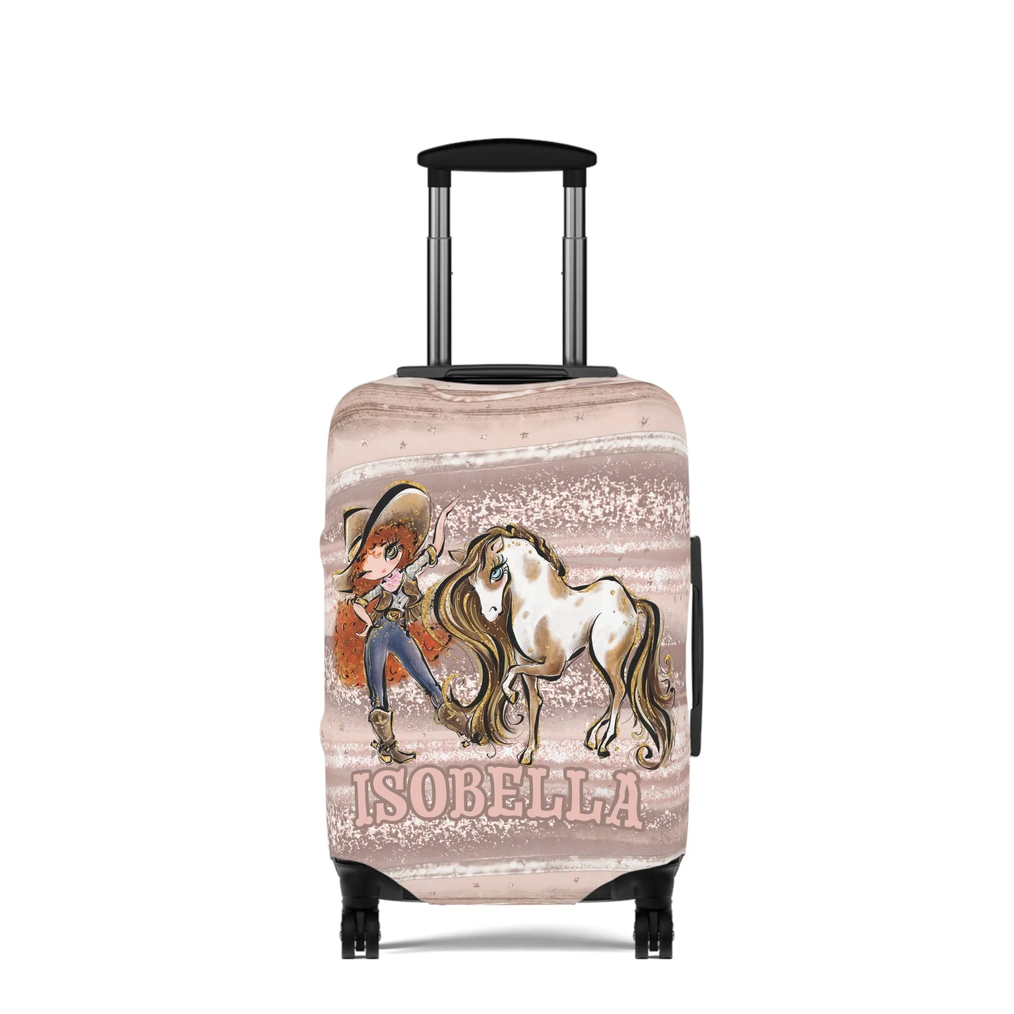 Luggage Cover, Howdy Cowgirl and Horse, Red Curly Hair Brown Eyes