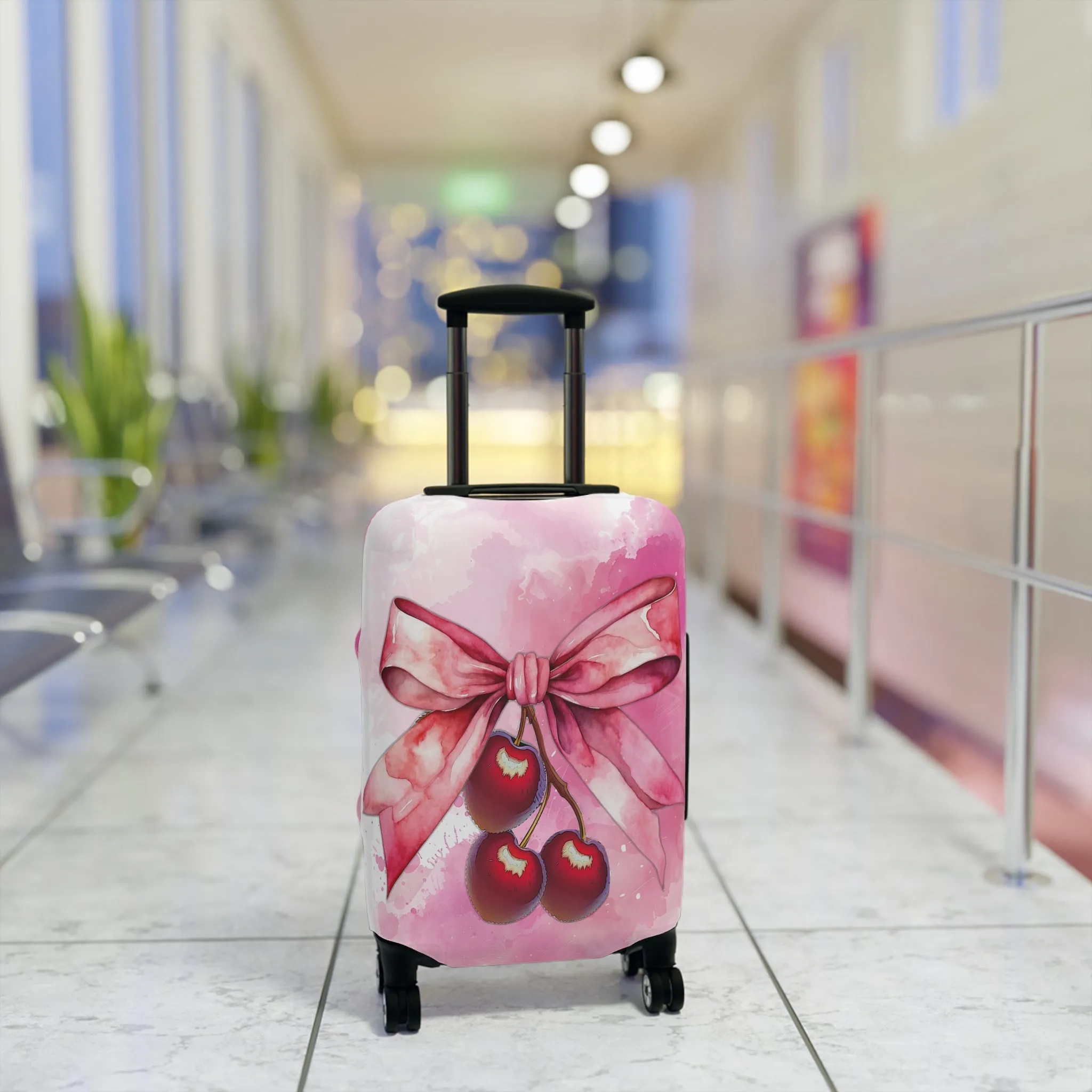 Luggage Cover, Rockabilly, Coquette, Pink Watercolor Cherries and Ribbon, awd-2504