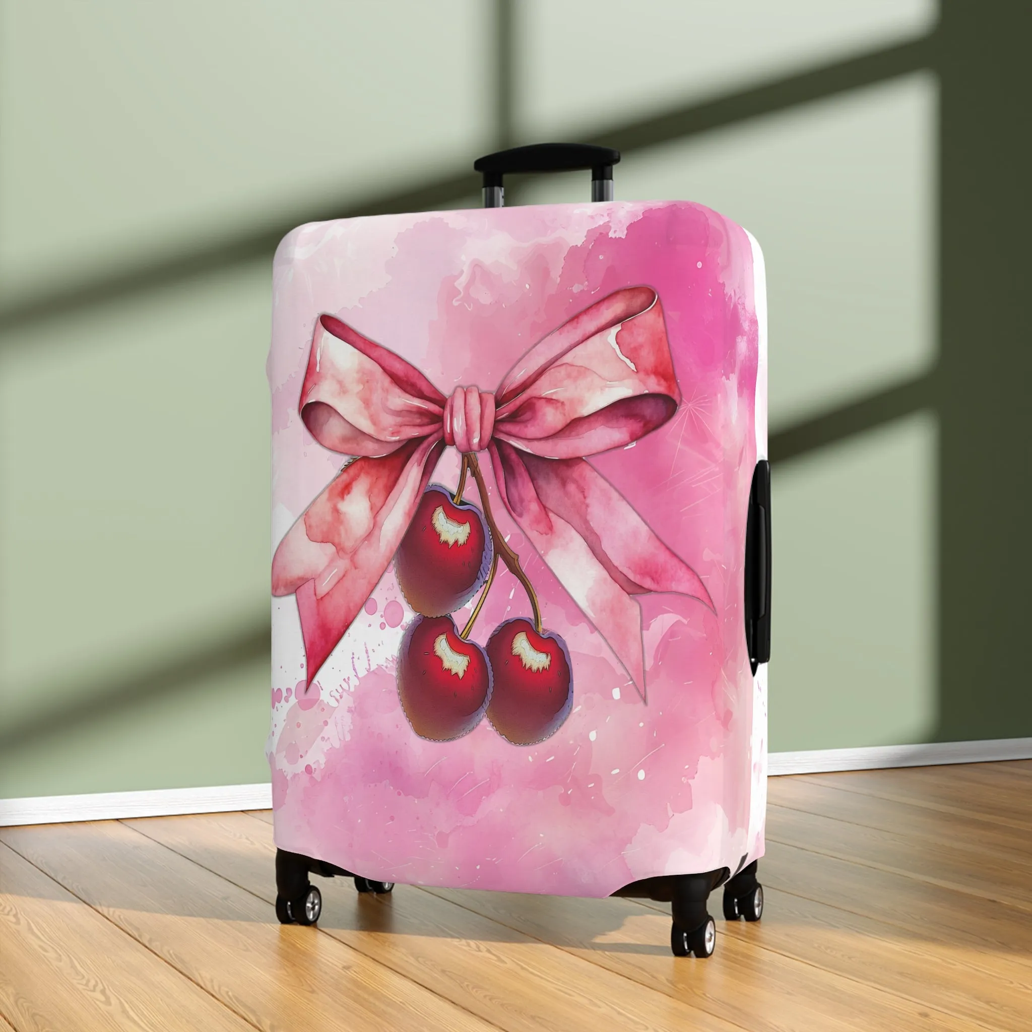 Luggage Cover, Rockabilly, Coquette, Pink Watercolor Cherries and Ribbon, awd-2504