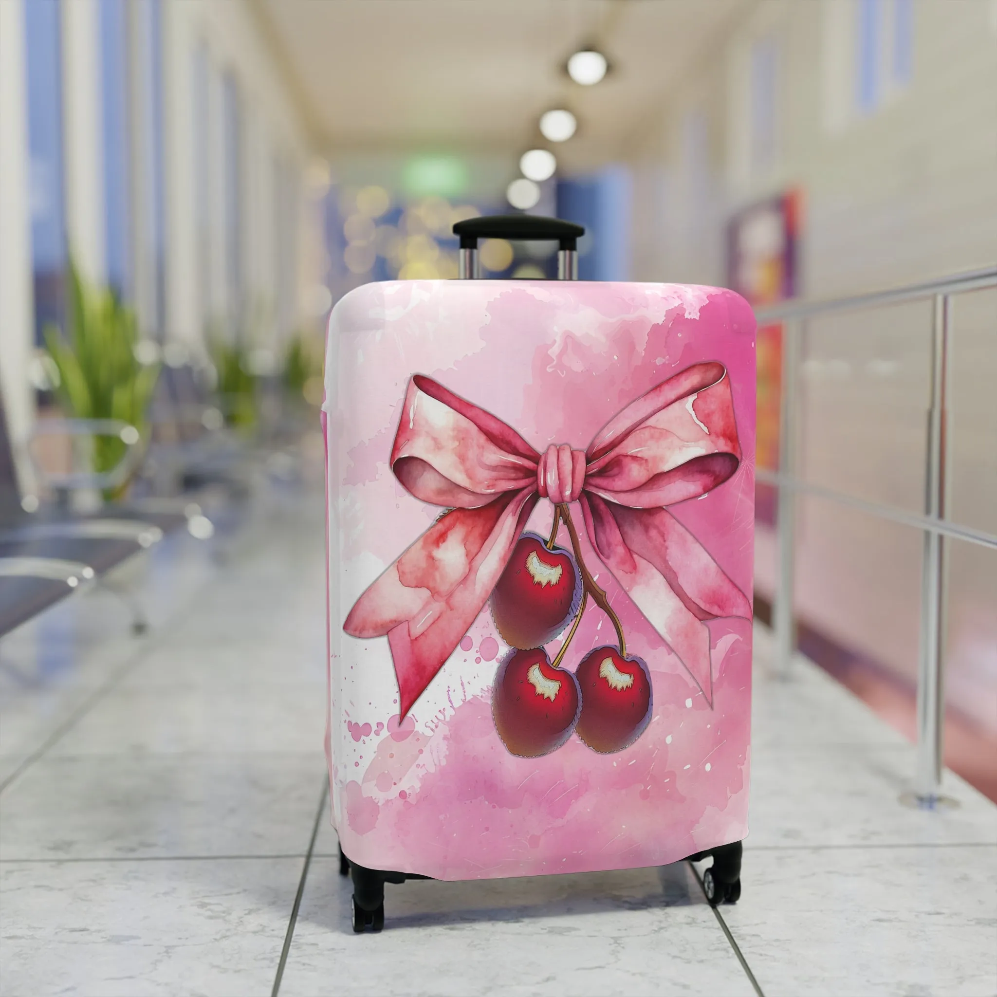 Luggage Cover, Rockabilly, Coquette, Pink Watercolor Cherries and Ribbon, awd-2504