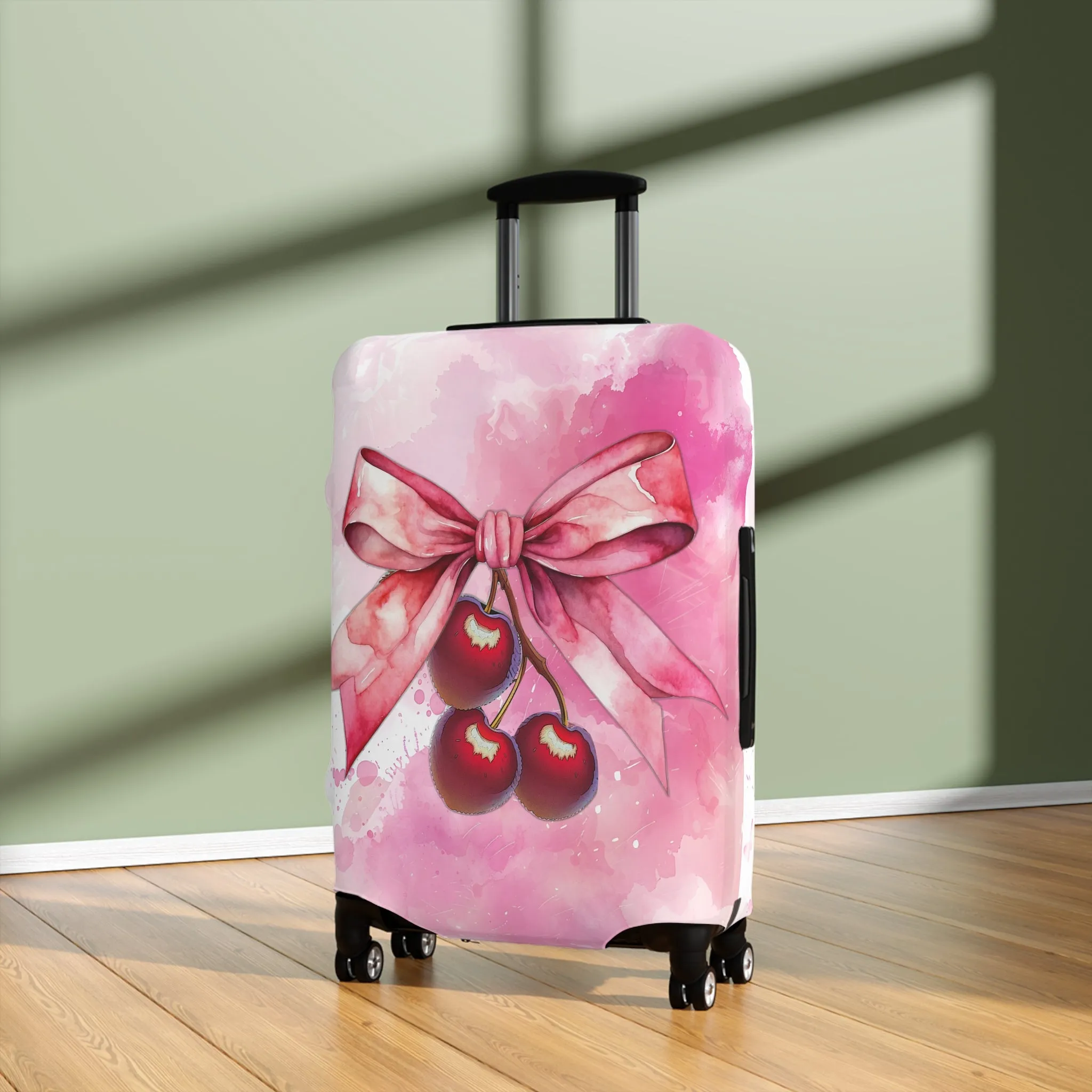 Luggage Cover, Rockabilly, Coquette, Pink Watercolor Cherries and Ribbon, awd-2504