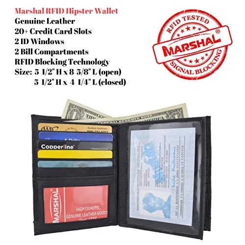 Marshal Bifold Genuine Leather RFID Blocking Wallet For Men Card Slots, 2 Bill Compartments, ID Windows, Money,