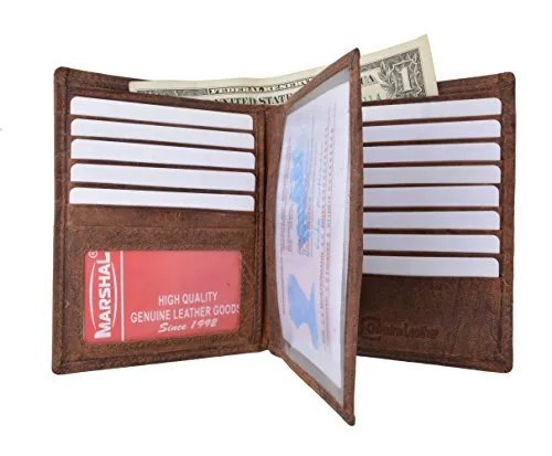 Marshal Bifold Genuine Leather RFID Blocking Wallet For Men Card Slots, 2 Bill Compartments, ID Windows, Money,