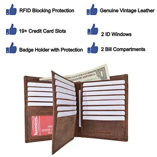 Marshal Bifold Genuine Leather RFID Blocking Wallet For Men Card Slots, 2 Bill Compartments, ID Windows, Money,