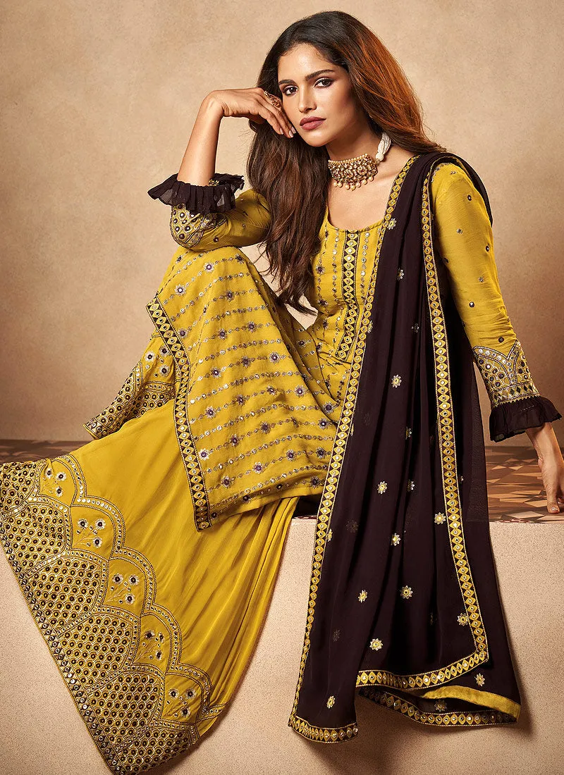 Mustard Yellow Mirror Embroidered Designer Gharara Suit