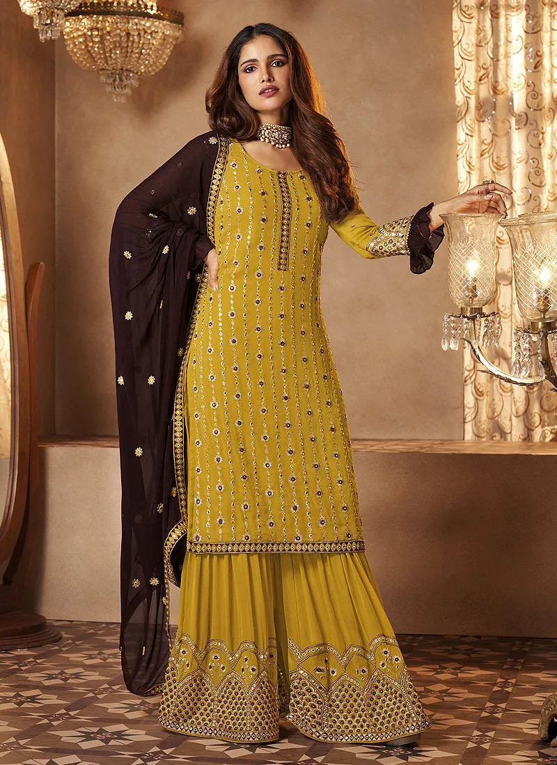 Mustard Yellow Mirror Embroidered Designer Gharara Suit