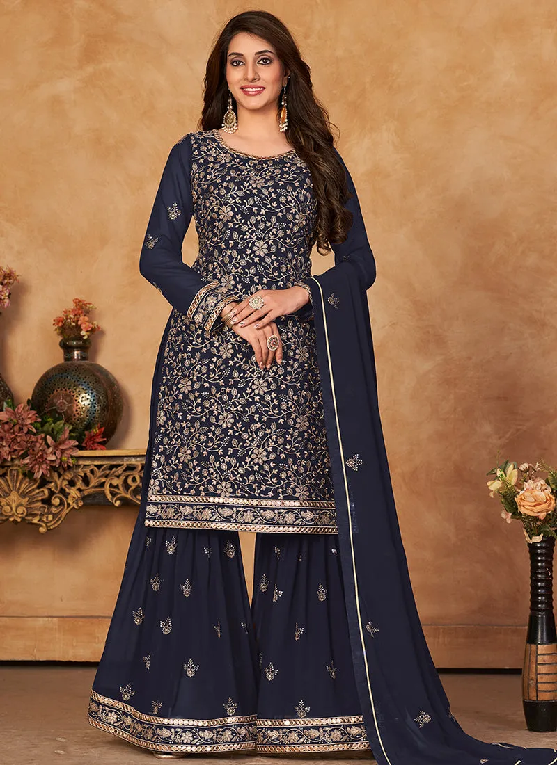 Navy Blue Embroidery Festive Gharara Style Suit