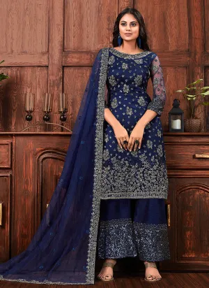 Navy Blue Multi Embroidered Designer Palazzo Suit