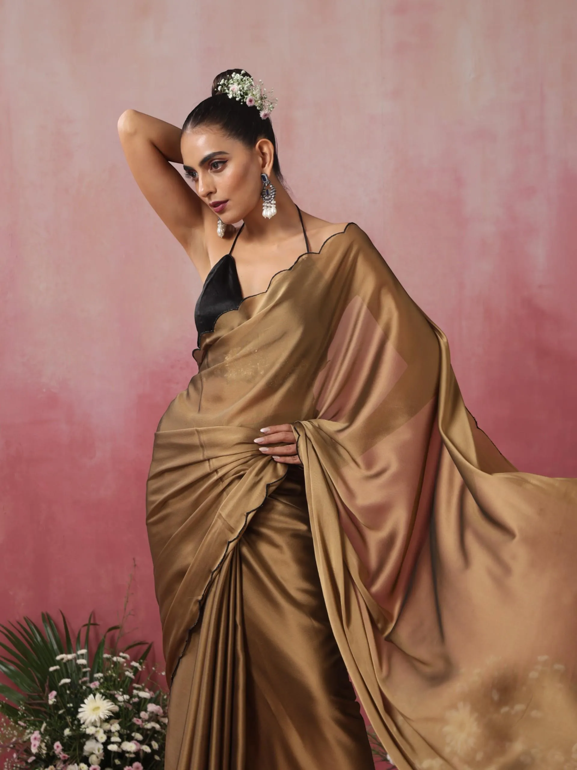 Nude Gold Dual Shade Chiffon Saree with Embroidered Scallop