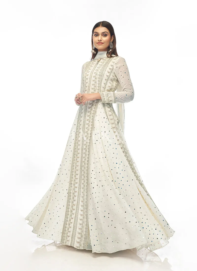 Off White Mirror Embroidered Slit Style Lehenga Suit