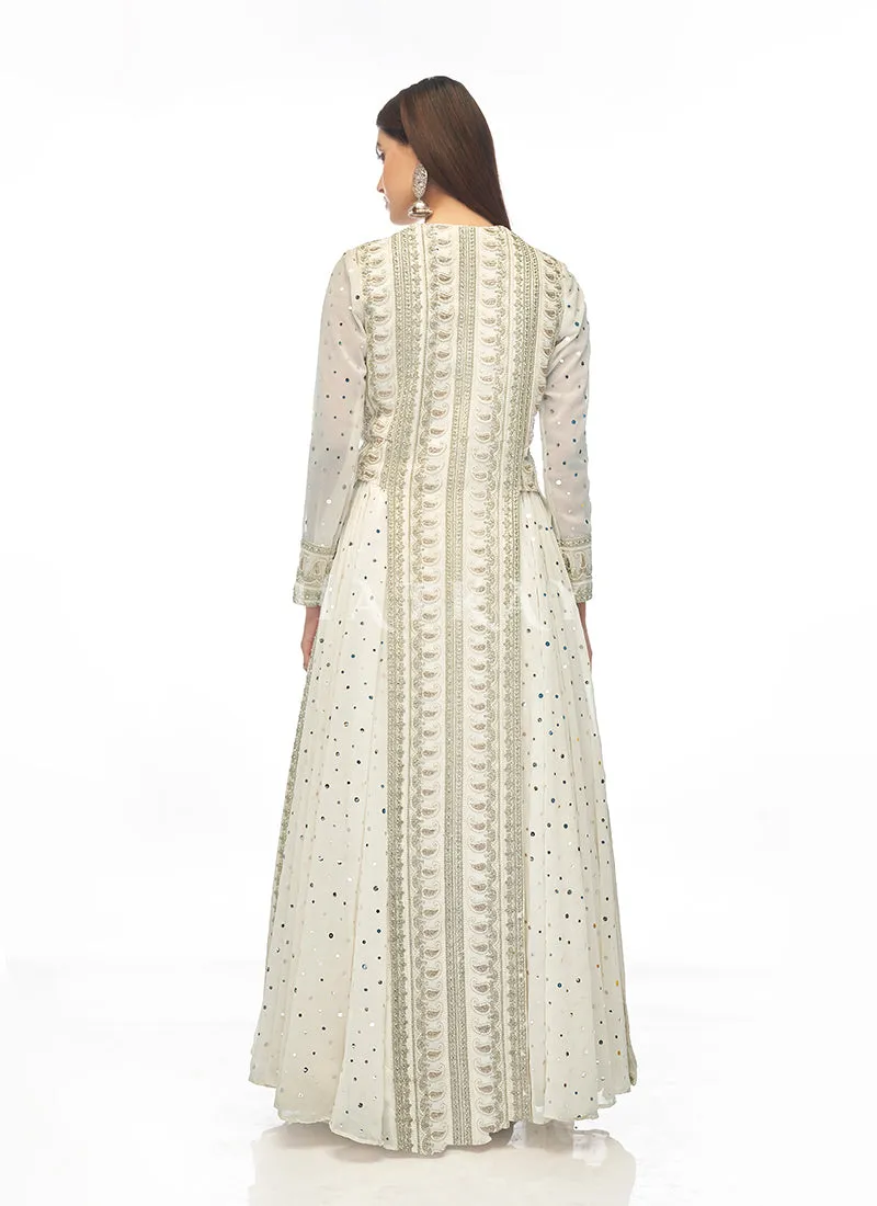 Off White Mirror Embroidered Slit Style Lehenga Suit