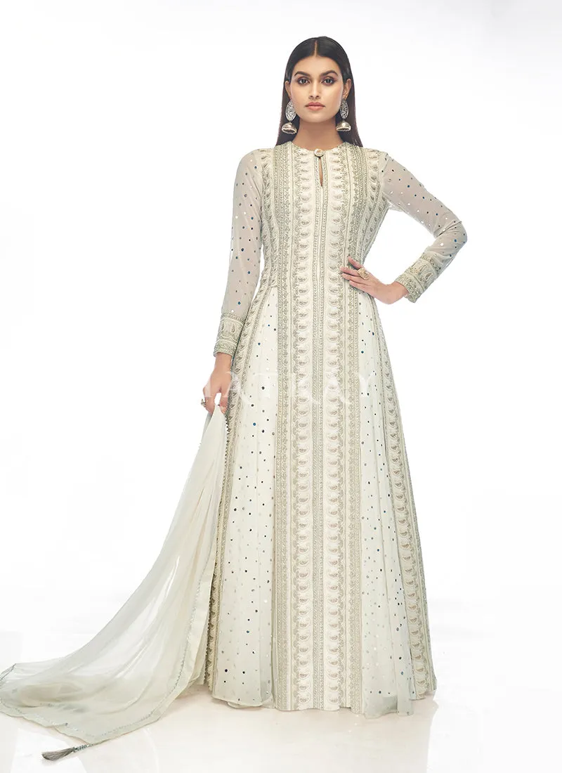 Off White Mirror Embroidered Slit Style Lehenga Suit