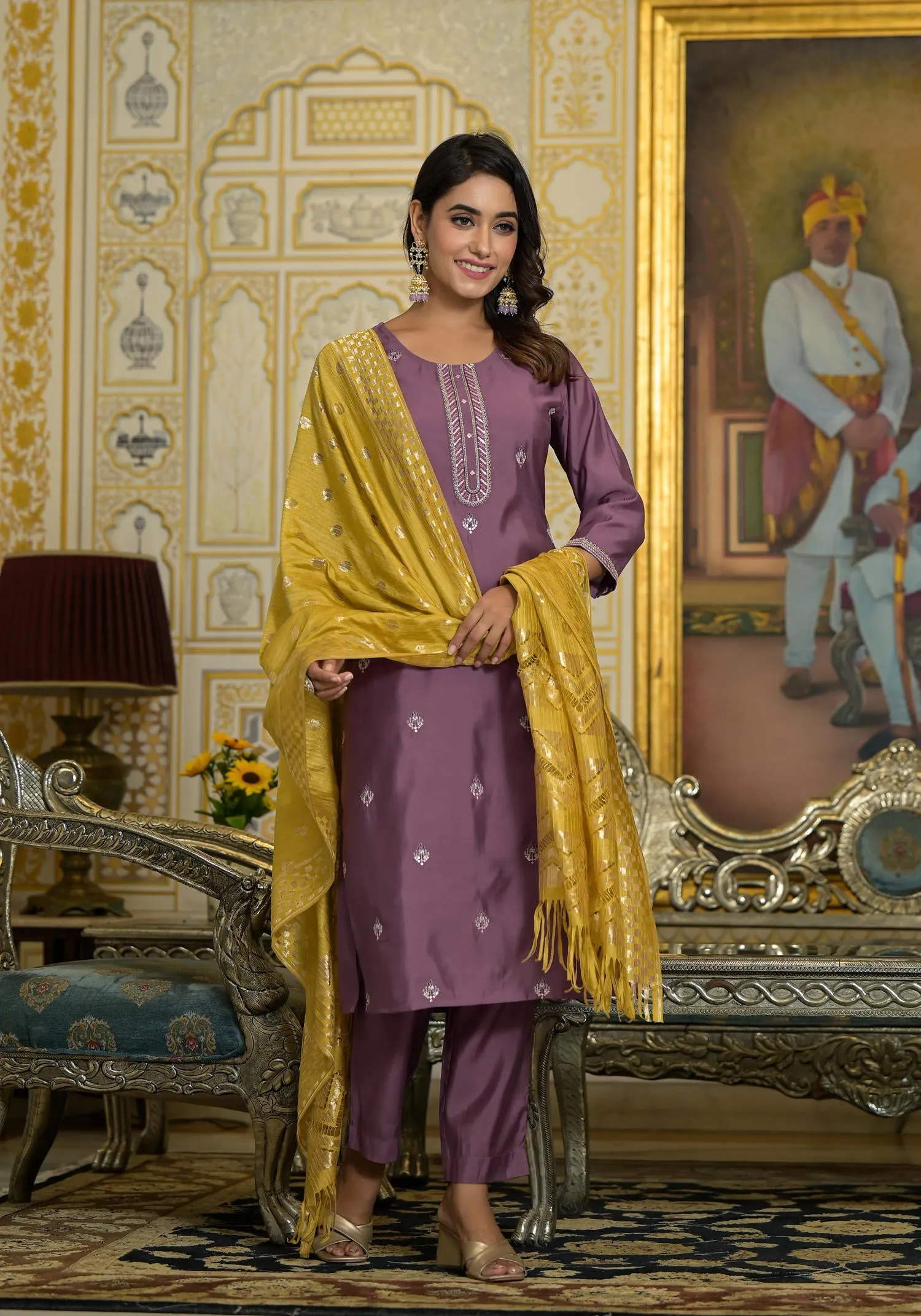 Onion Pink Zari Embroidered Viscose Kurta Pant And Dupatta Set With Sequins Work