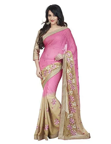 Oomph! Chiffon Embroidered Saree (Hot Pink Ombre)