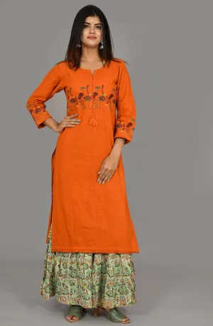 Orange Thread Embroidery Kurta Sharara Set