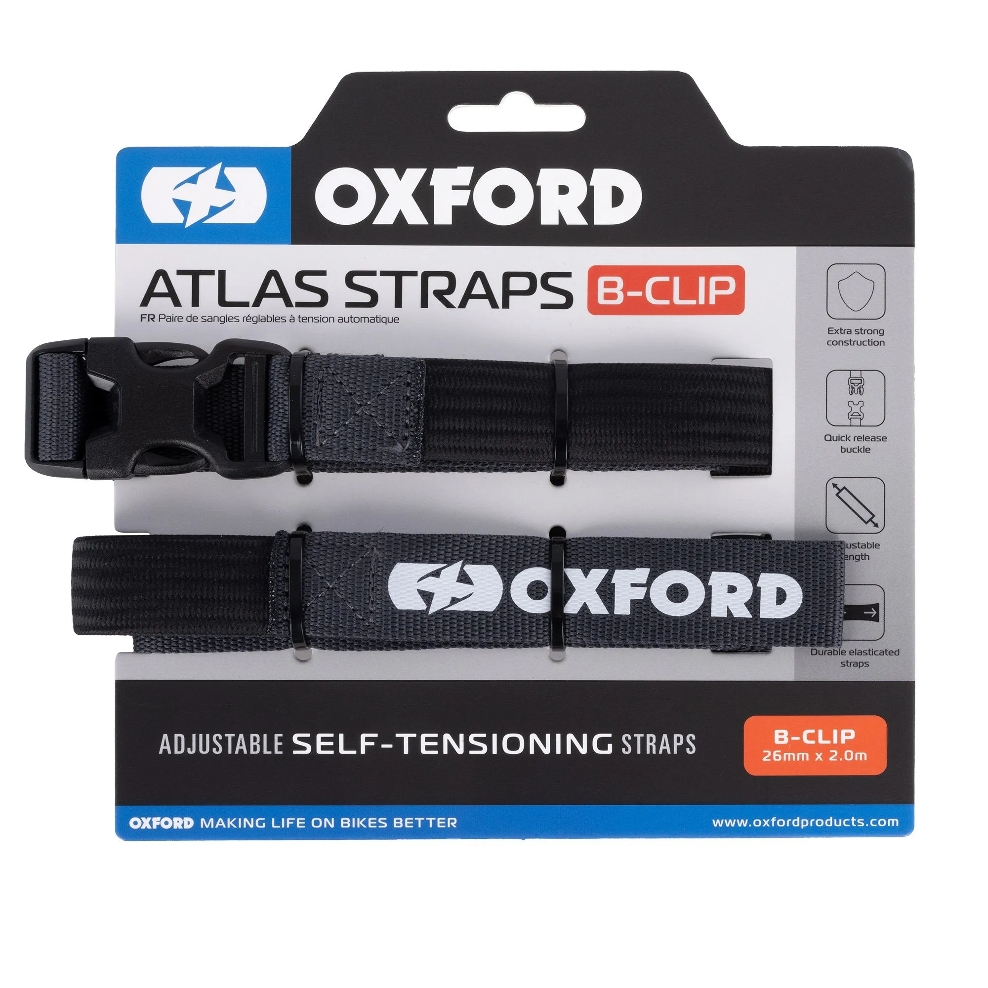 Oxford Atlas B-Clip Adjustable Self Tensioning Tie Down Straps (Pair)