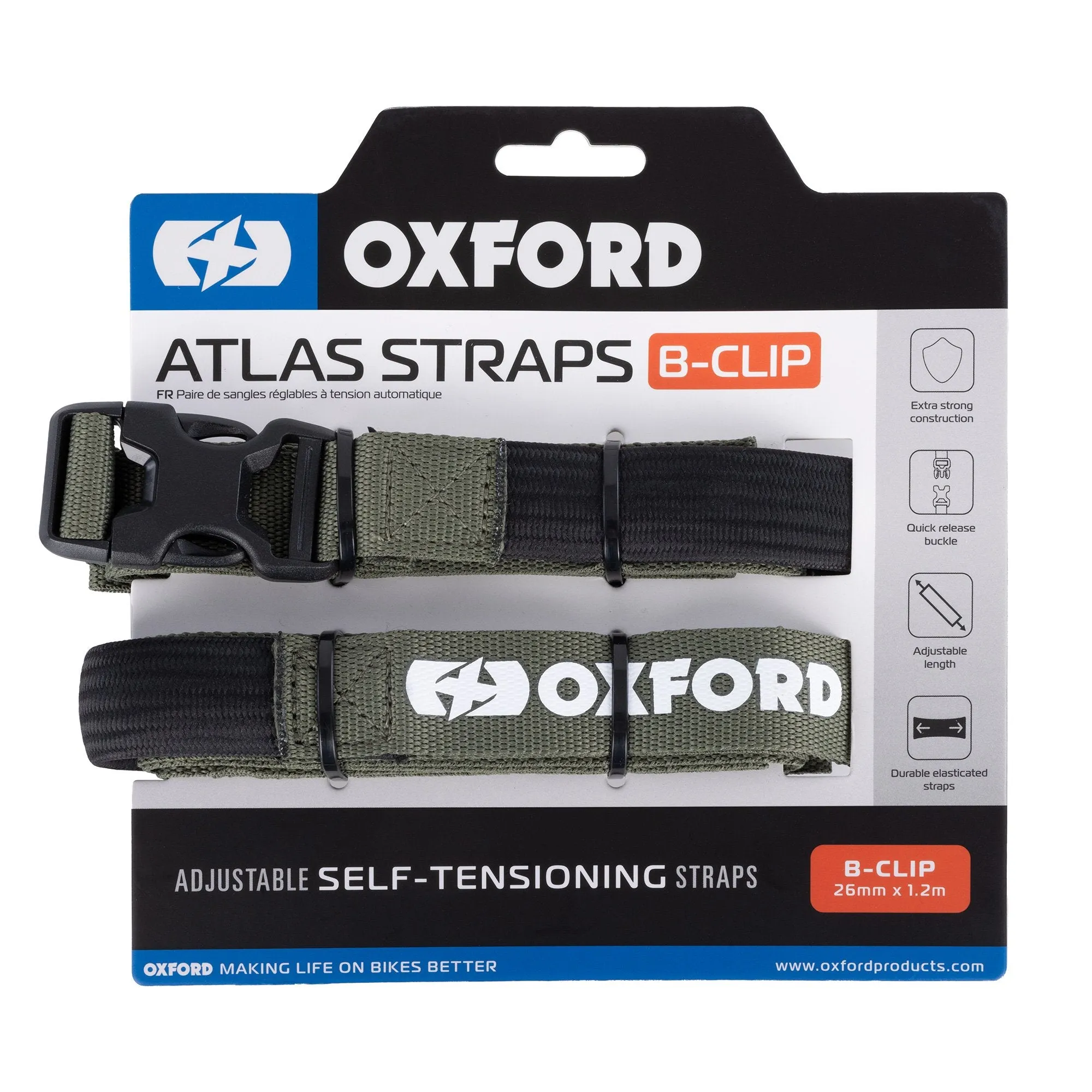 Oxford Atlas B-Clip Adjustable Self Tensioning Tie Down Straps (Pair)