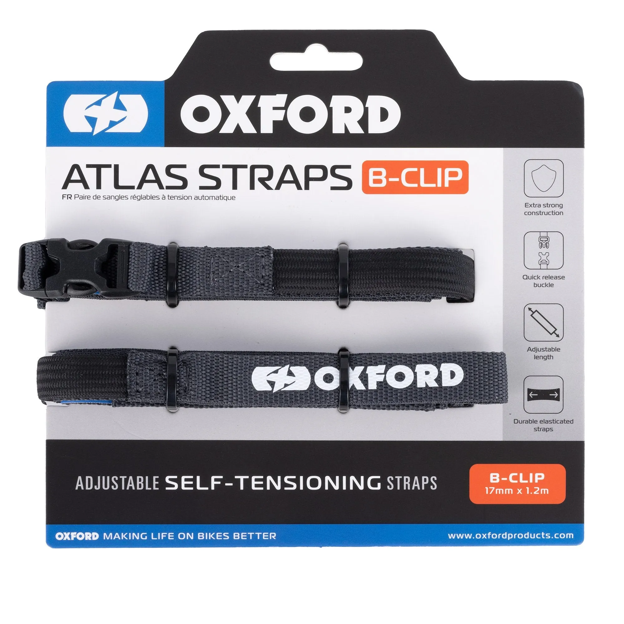 Oxford Atlas B-Clip Adjustable Self Tensioning Tie Down Straps (Pair)