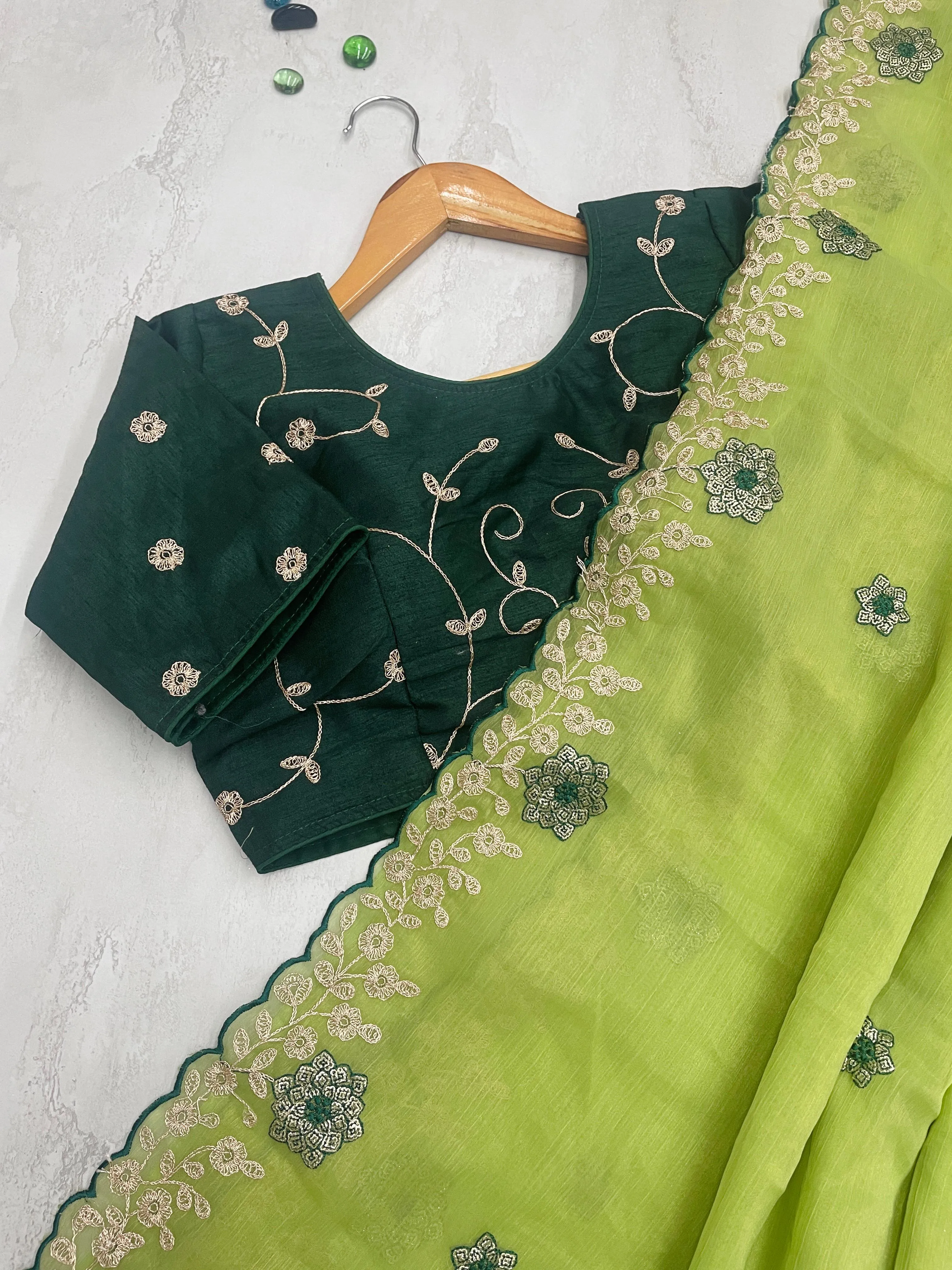 Parrot Green Kasoli Silk Saree with Beautiful Embroidery and Contrast Thread Work