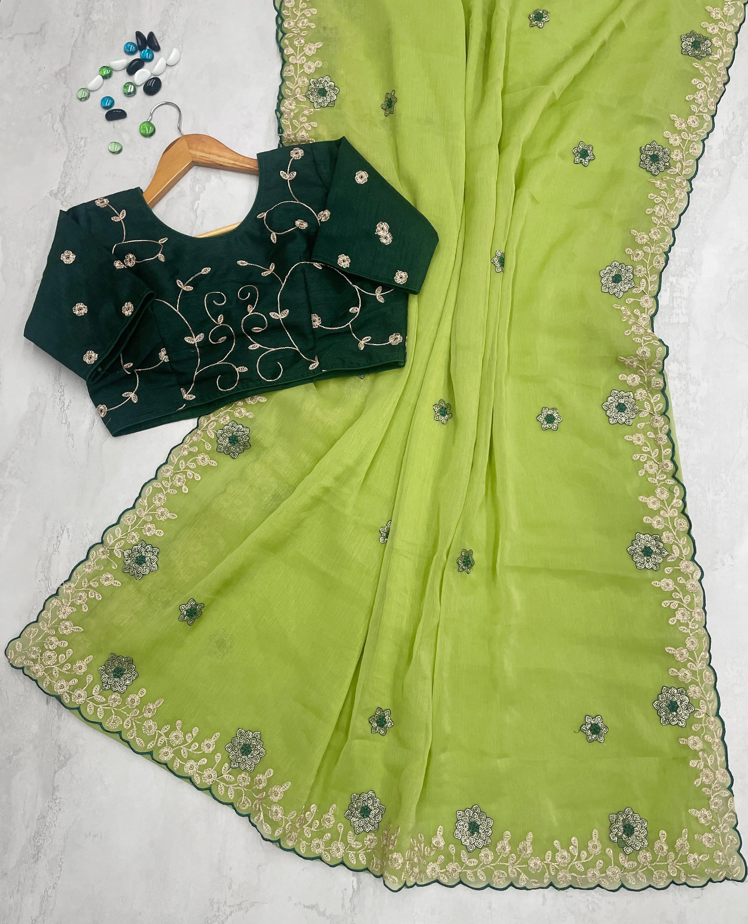 Parrot Green Kasoli Silk Saree with Beautiful Embroidery and Contrast Thread Work