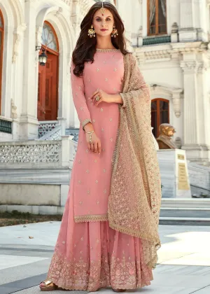 Pink And Beige Embroidered Gharara Suit