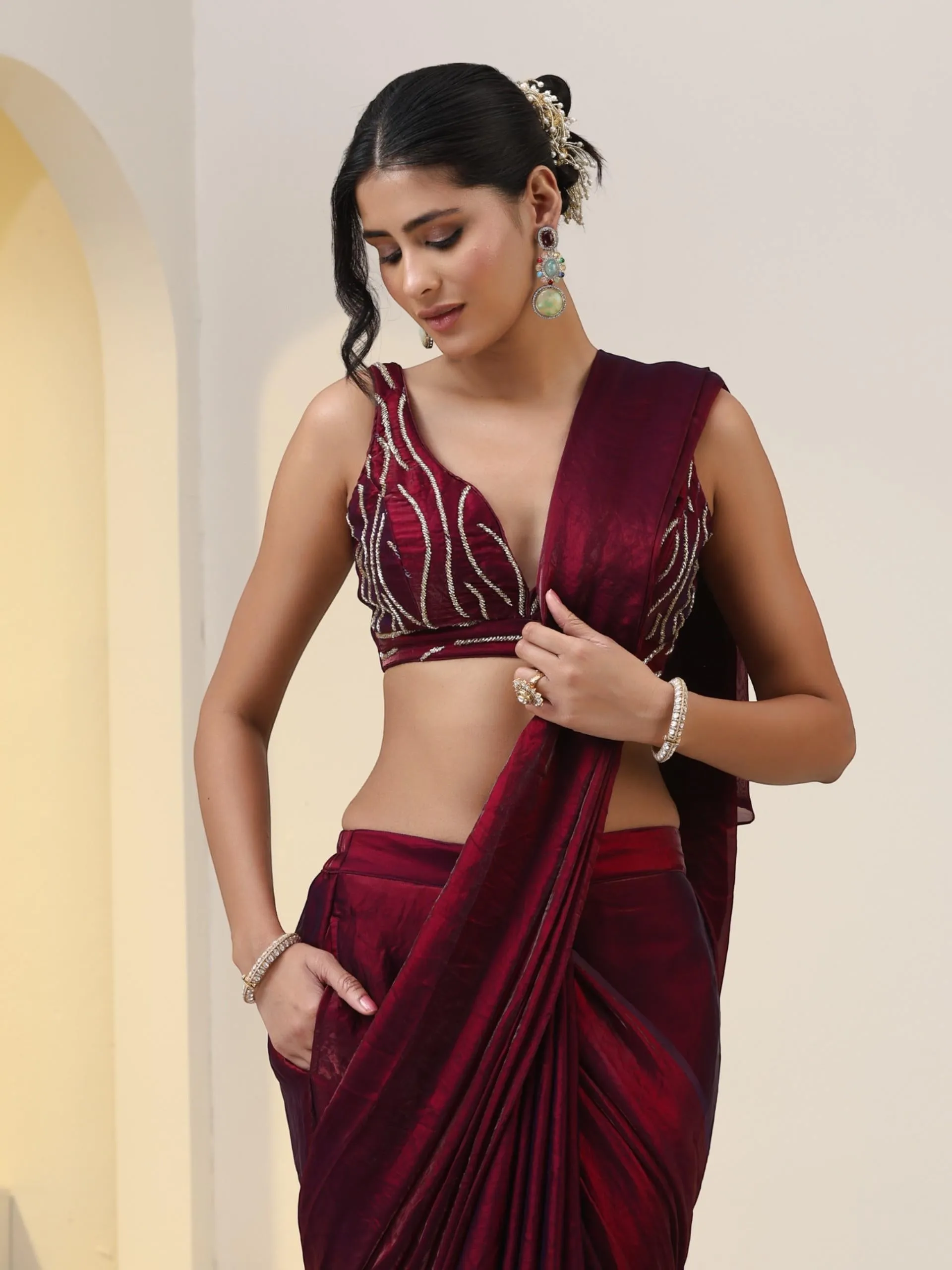 Plum Metallic Saree Skirt with Pocket with Cut Dana Hand Embroidered Blouse Fabric