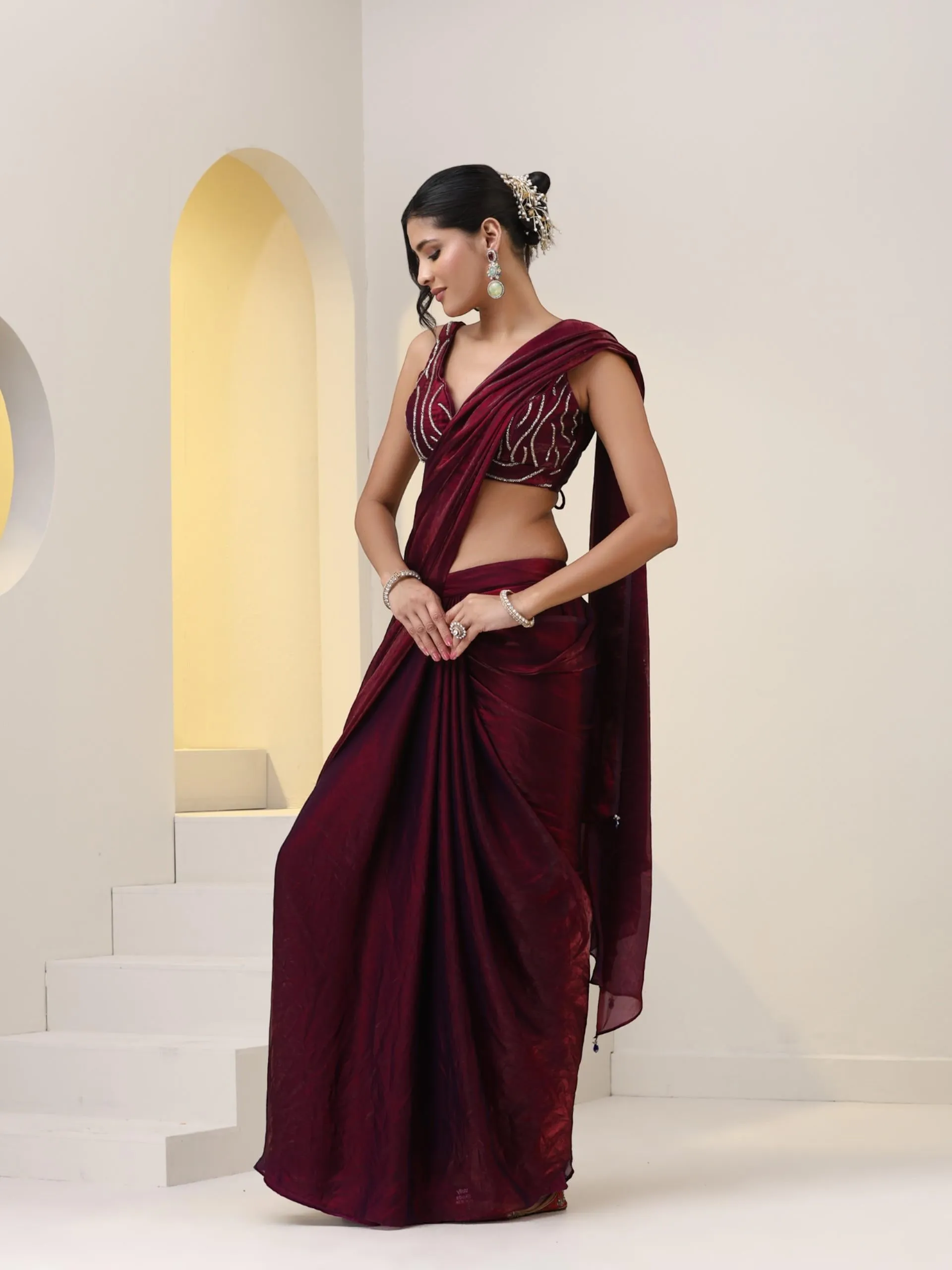 Plum Metallic Saree Skirt with Pocket with Cut Dana Hand Embroidered Blouse Fabric