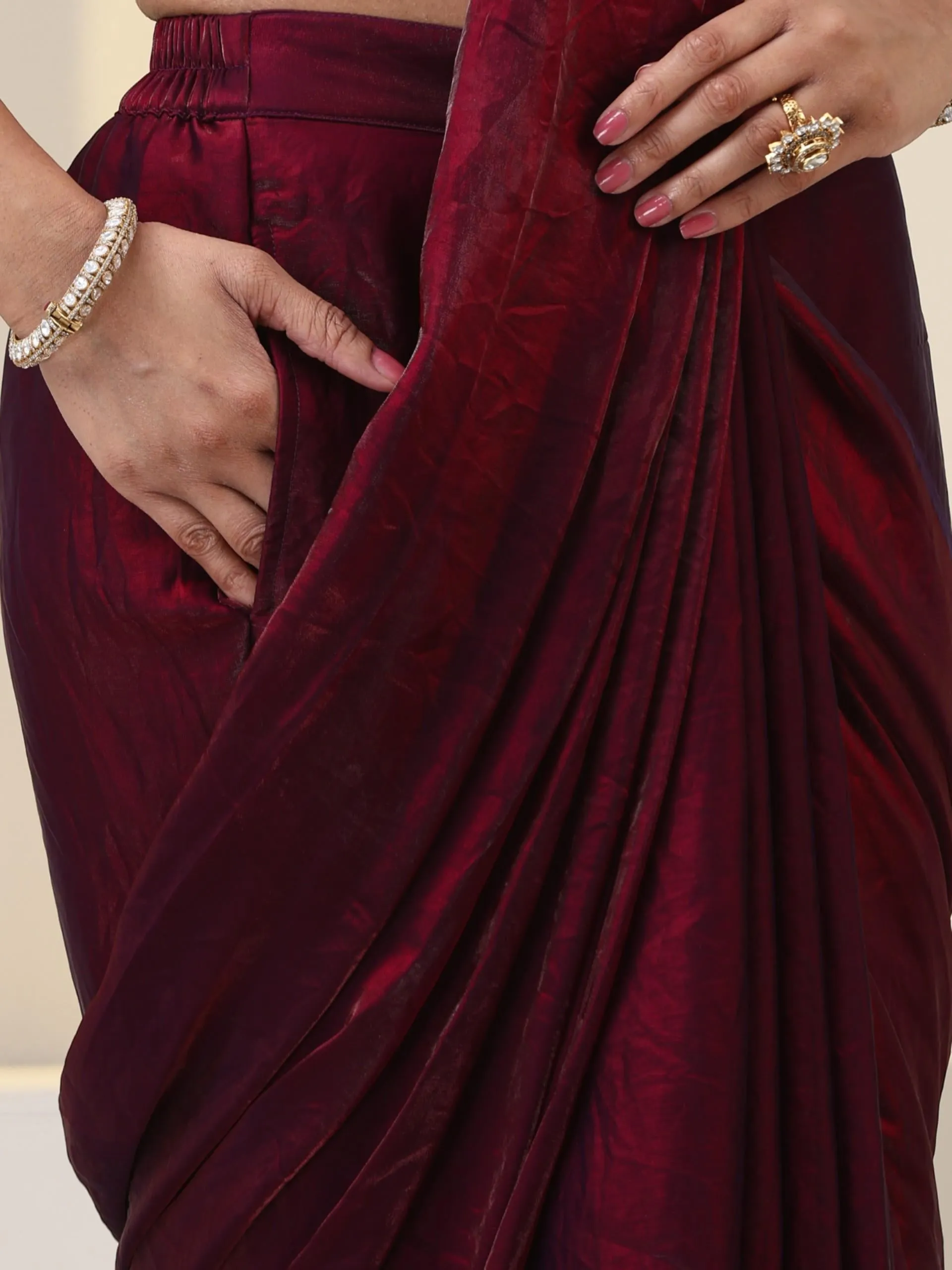 Plum Metallic Saree Skirt with Pocket with Cut Dana Hand Embroidered Blouse Fabric