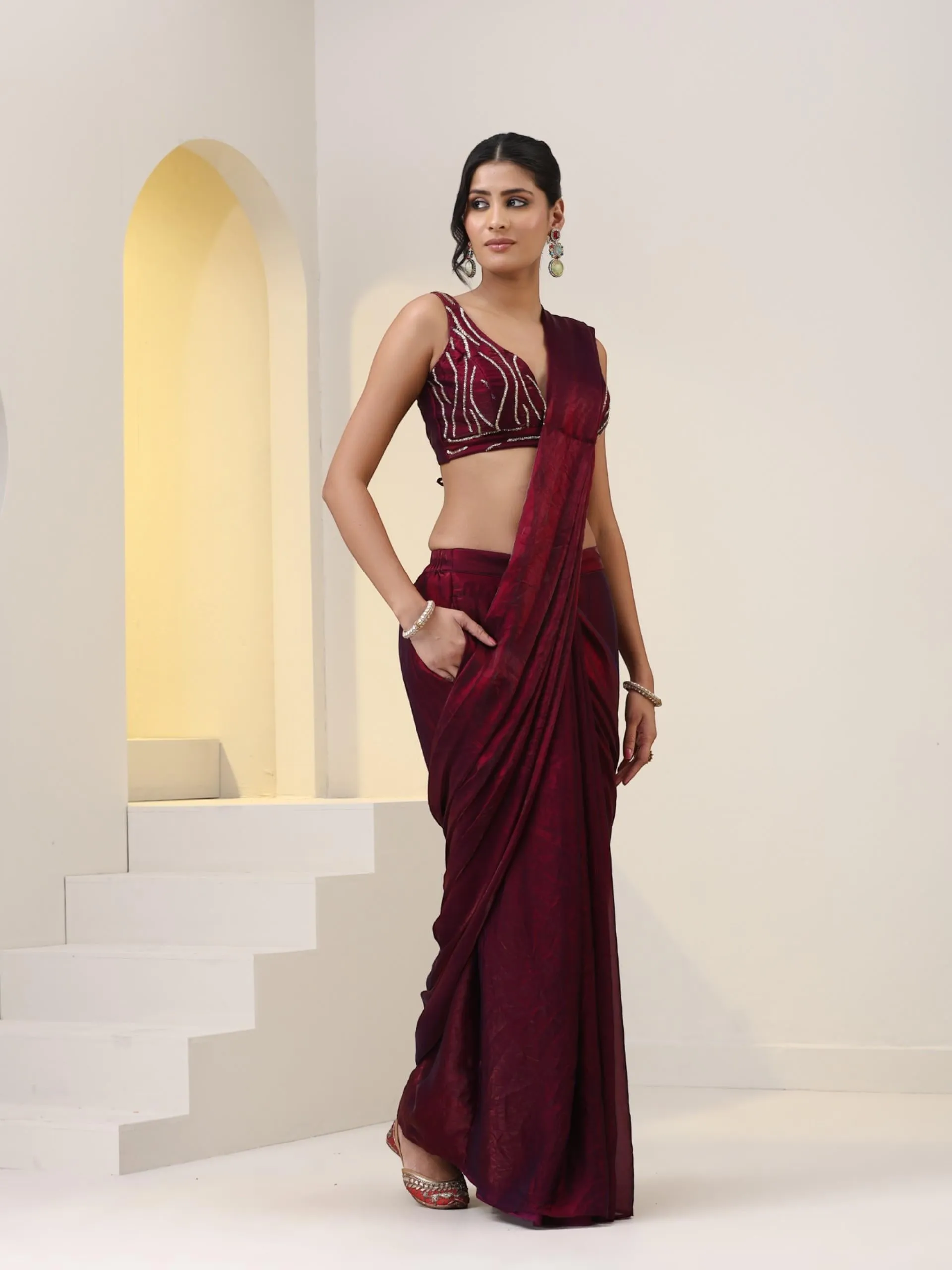 Plum Metallic Saree Skirt with Pocket with Cut Dana Hand Embroidered Blouse Fabric