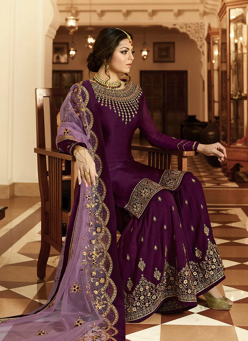 Purple And Gold Embroidered Pakistani Gharara Suit