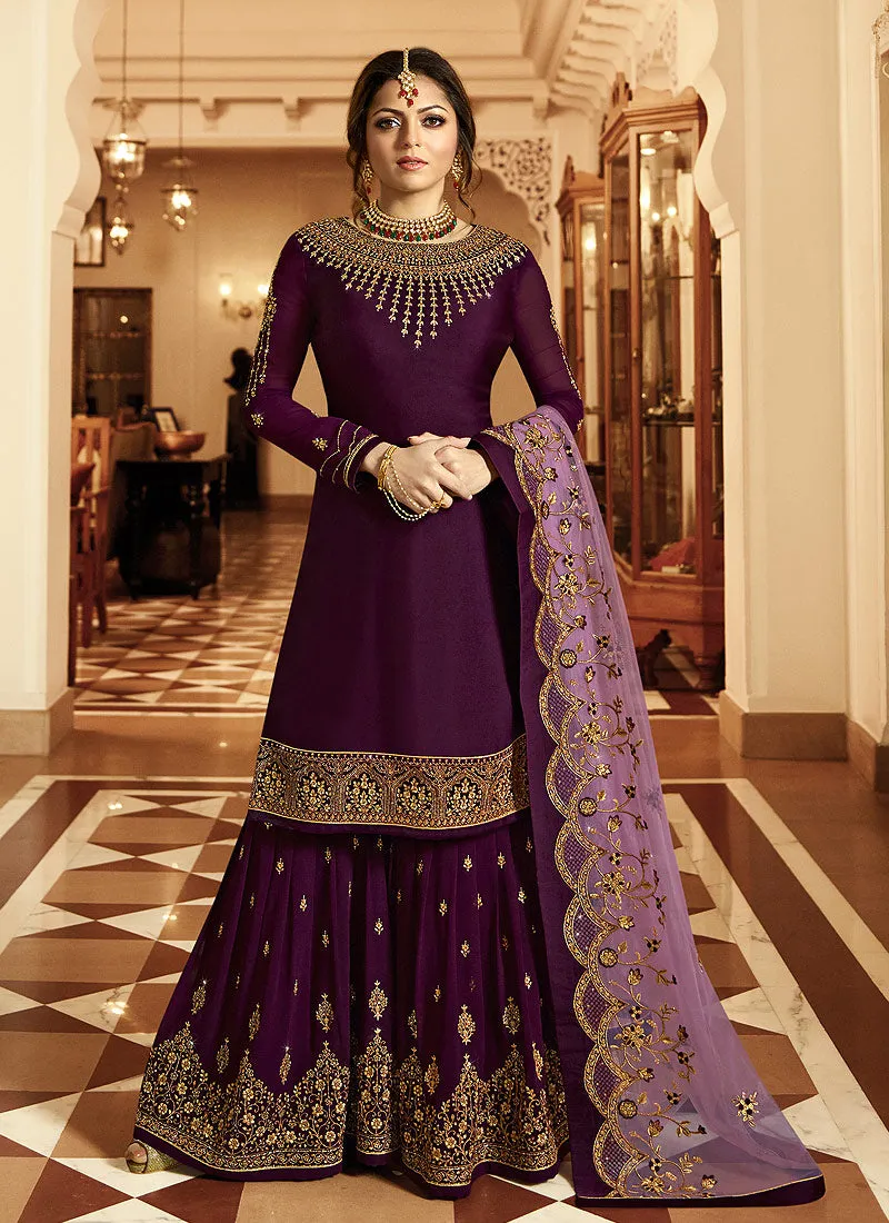 Purple And Gold Embroidered Pakistani Gharara Suit