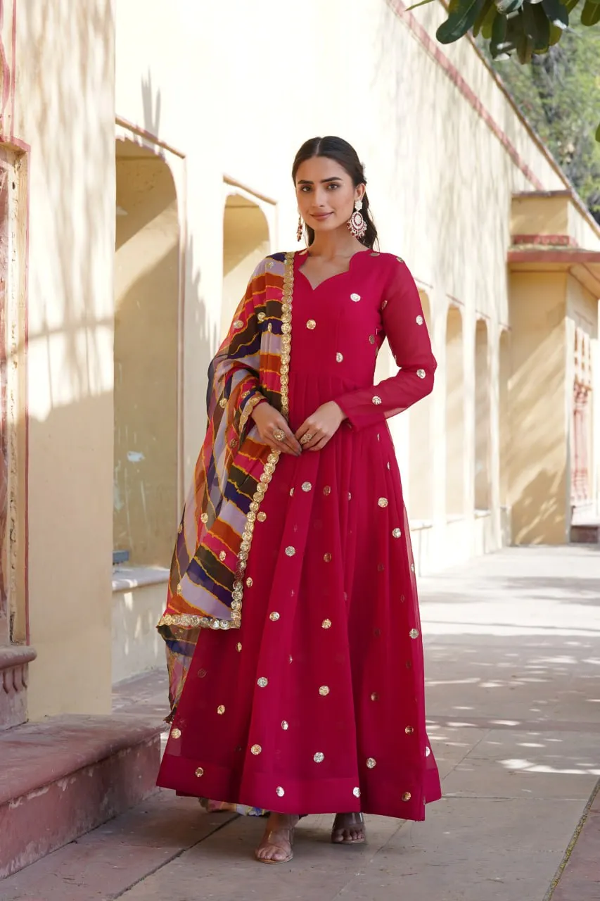 Rani Pink Premium Designer Readymade Gown with Embroidered Zari & Sequins