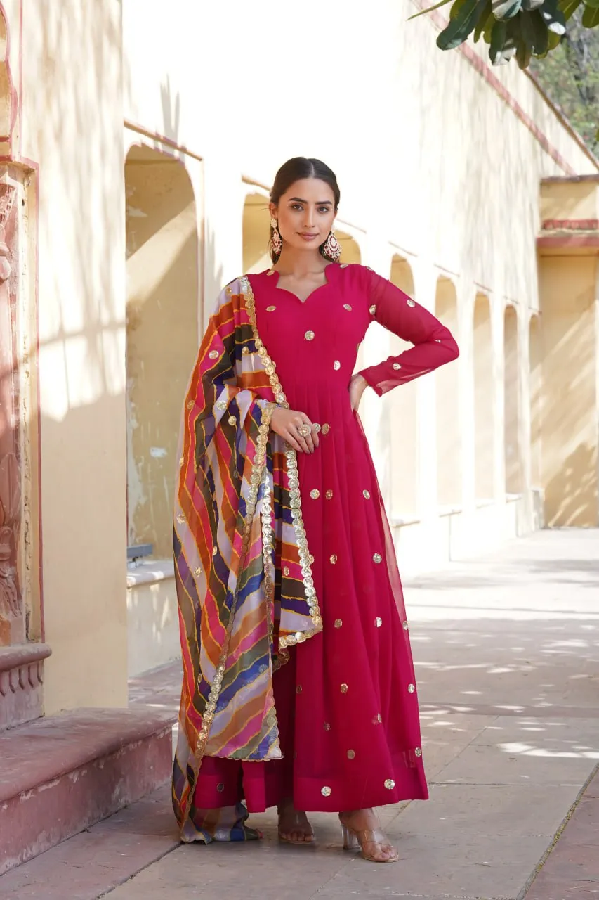 Rani Pink Premium Designer Readymade Gown with Embroidered Zari & Sequins