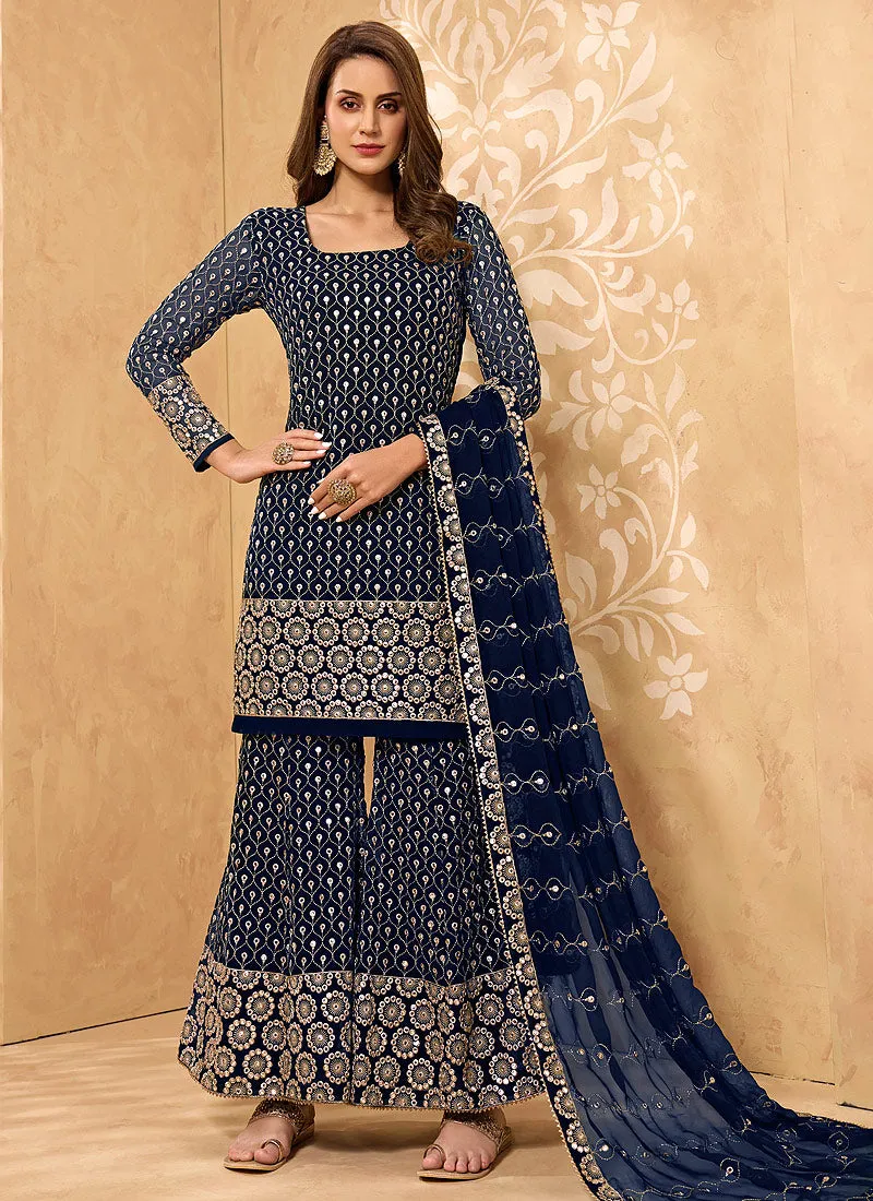 Royal Blue Mirror Embroidered Georgette Sharara Suit