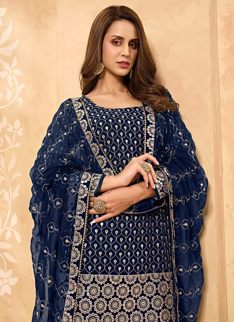 Royal Blue Mirror Embroidered Georgette Sharara Suit