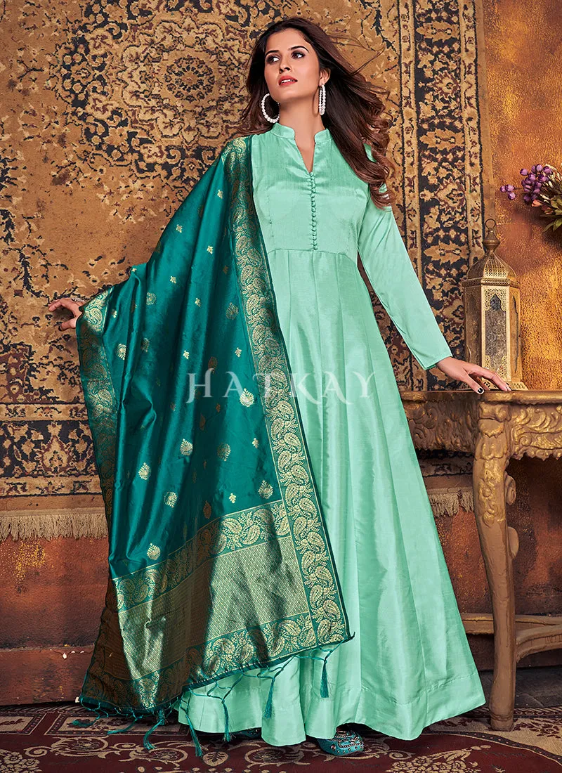 Sea Green Two Tone Silk Embroidered Anarkali Suit