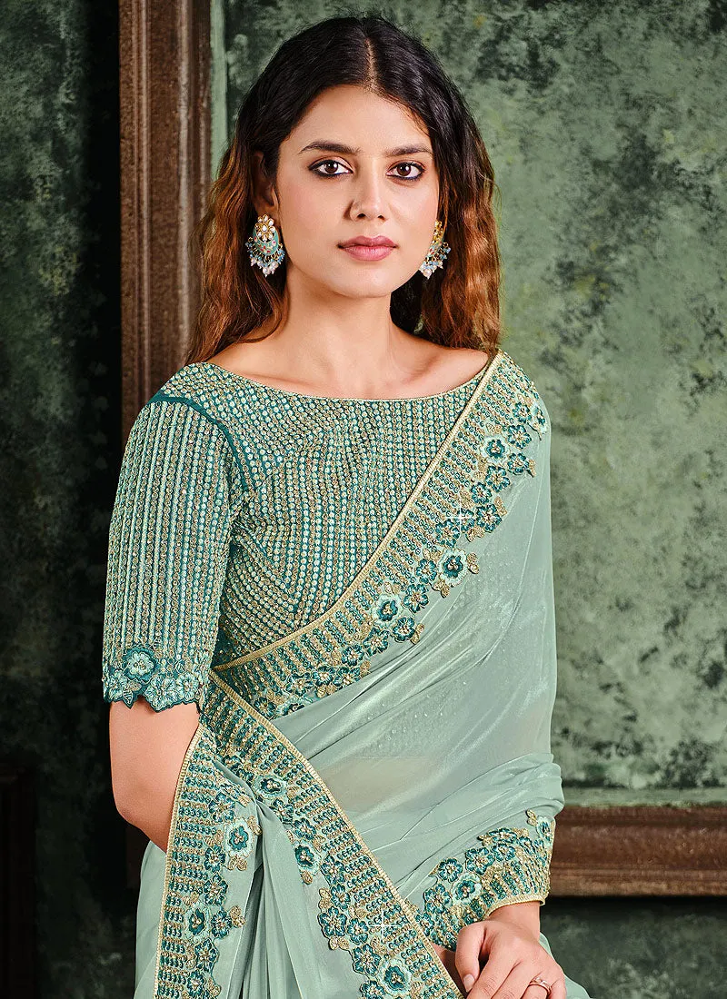 Teal Blue Multi Embroidered Designer Saree